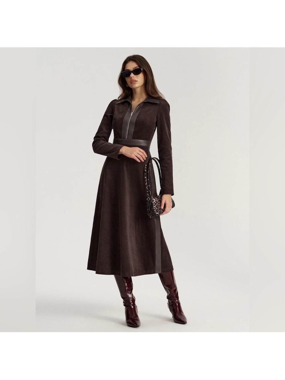 Commense Dark Brown Long-Sleeve A-Line Midi Dress